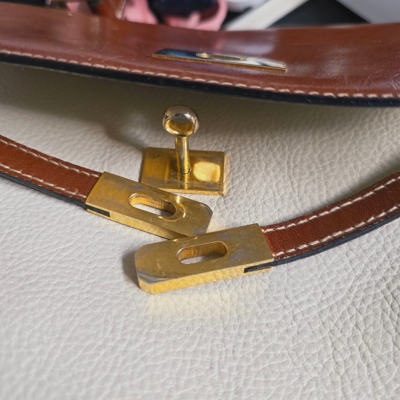 Bally Two Tone Leather Top Handle Kelly Satchel Bag Cream Brown Turnlock Vintage - Picture 6 of 16